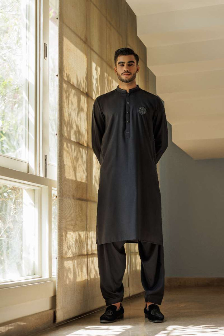 Deepak Perwani - Cotton Kurta Shalwar For Men - Black - 2 Piece - Studio by TCS