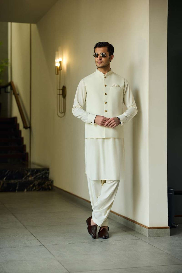 Deepak Perwani - Boski Linen Kurta Shalwar For Men - Cream - 2 Piece - Studio by TCS