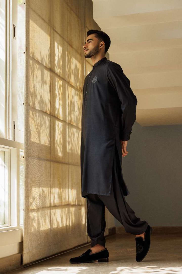 Deepak Perwani - Cotton Kurta Shalwar For Men - Black - 2 Piece - Studio by TCS