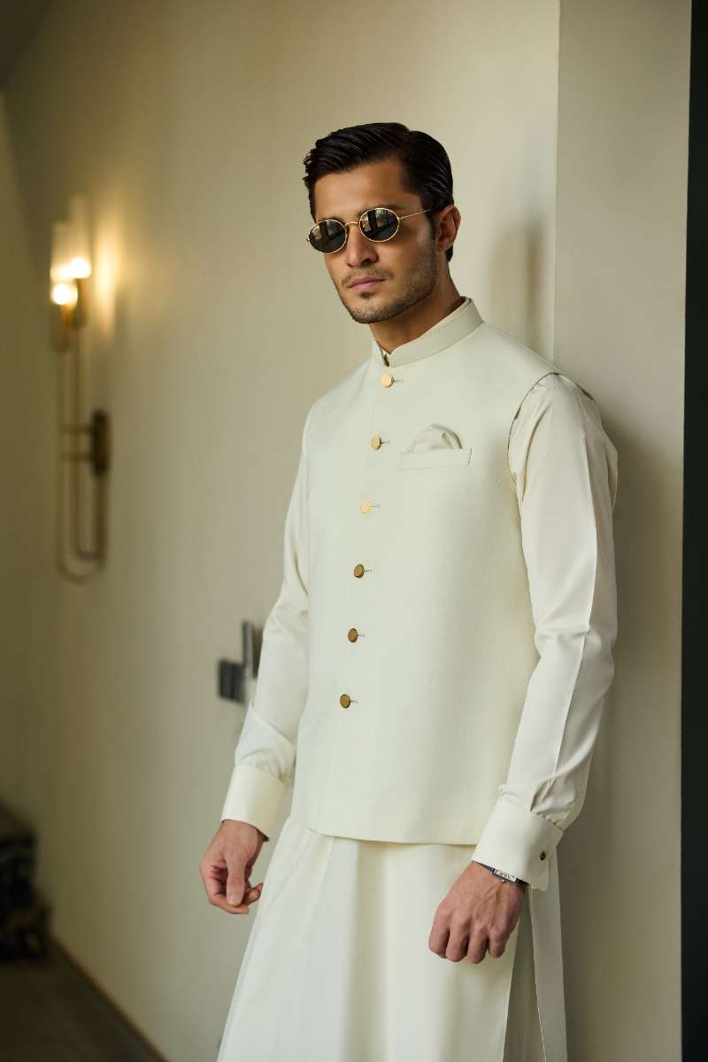 Deepak Perwani - Boski Linen Kurta Shalwar For Men - Cream - 2 Piece - Studio by TCS