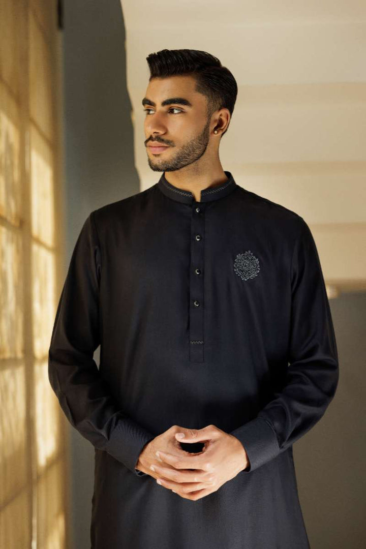 Deepak Perwani - Cotton Kurta Shalwar For Men - Black - 2 Piece - Studio by TCS