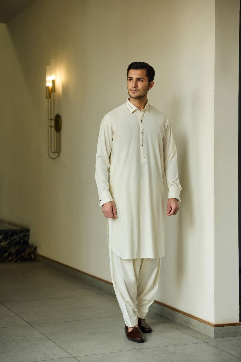 Deepak Perwani - Boski Linen Kurta Shalwar For Men - Cream - 2 Piece - Studio by TCS