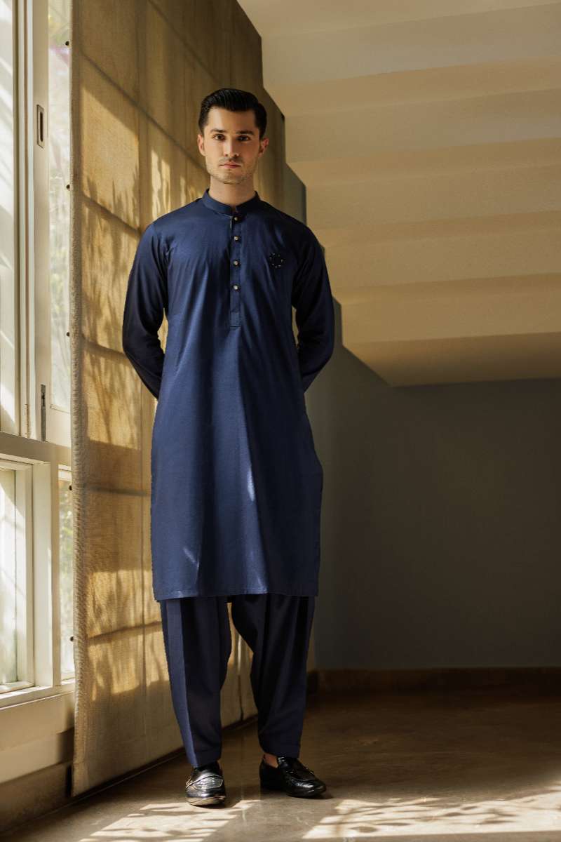 Deepak Perwani - Cotton Kurta Shalwar For Men - Blue - 2 Piece - Studio by TCS