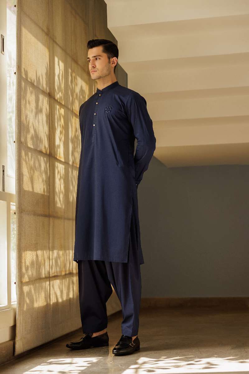 Deepak Perwani - Cotton Kurta Shalwar For Men - Blue - 2 Piece - Studio by TCS