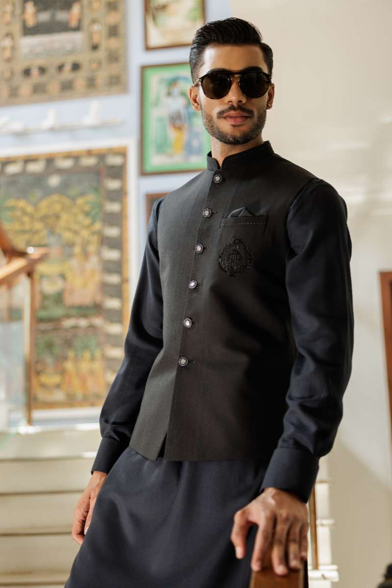 Deepak Perwani - Cotton Kurta Shalwar For Men - Black - 2 Piece - Studio by TCS