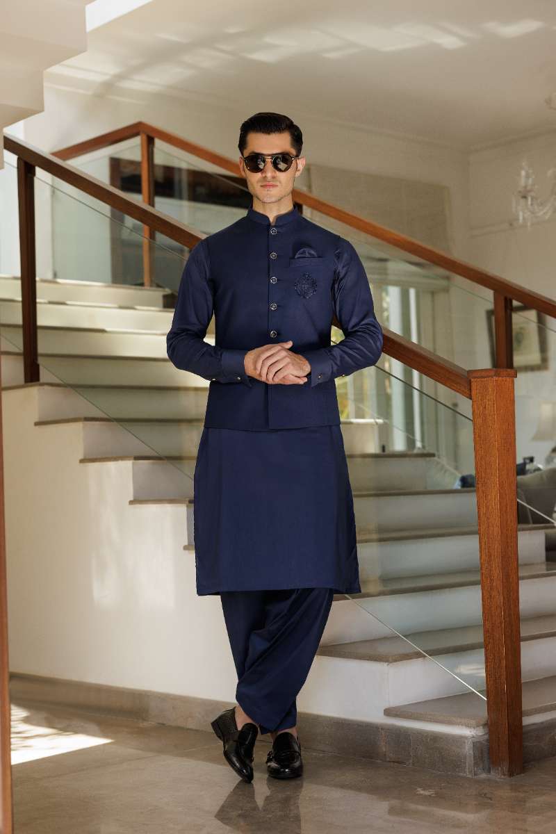 Deepak Perwani - Cotton Kurta Shalwar For Men - Blue - 2 Piece - Studio by TCS