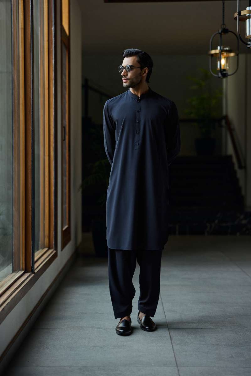 Deepak Perwani - Boski Linen Kurta Shalwar For Men - Midnight Blue - 2 Piece - Studio by TCS