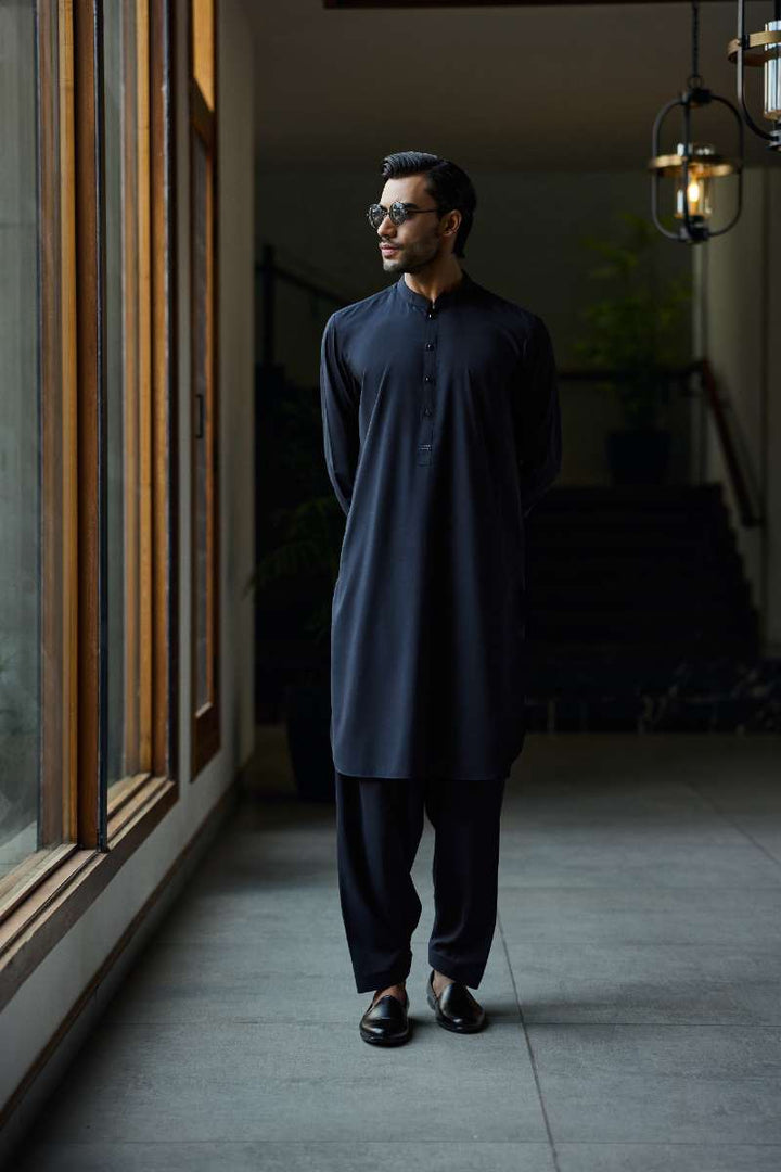 Deepak Perwani - Boski Linen Kurta Shalwar For Men - Midnight Blue - 2 Piece - Studio by TCS