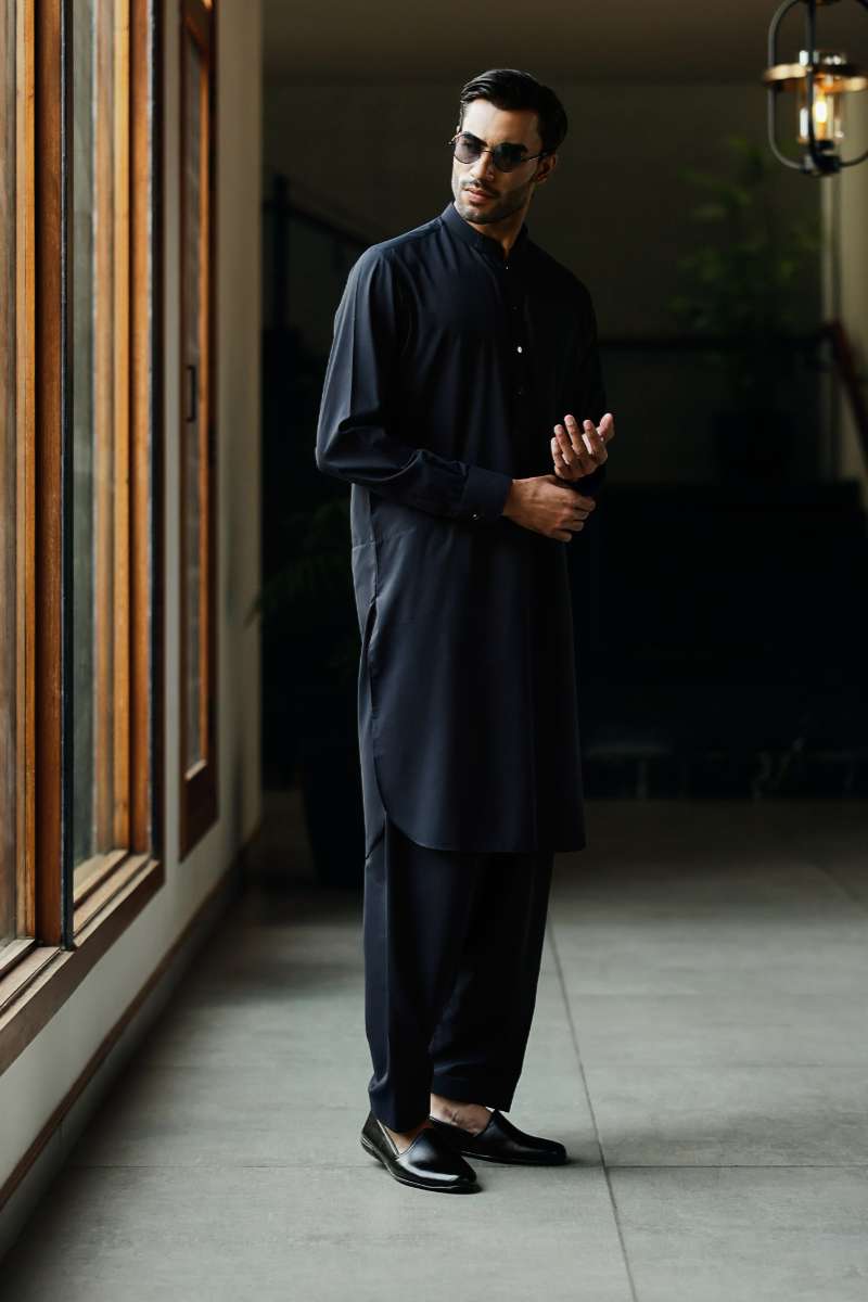 Deepak Perwani - Boski Linen Kurta Shalwar For Men - Midnight Blue - 2 Piece - Studio by TCS