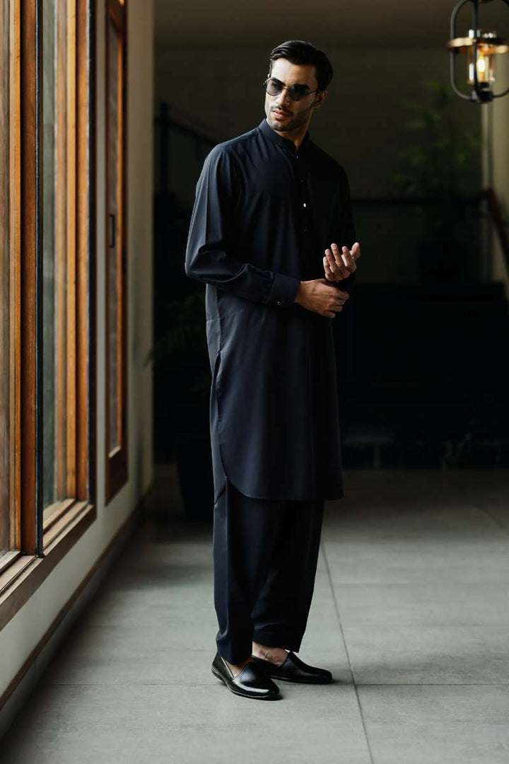 Deepak Perwani - Boski Linen Kurta Shalwar For Men - Midnight Blue - 2 Piece - Studio by TCS
