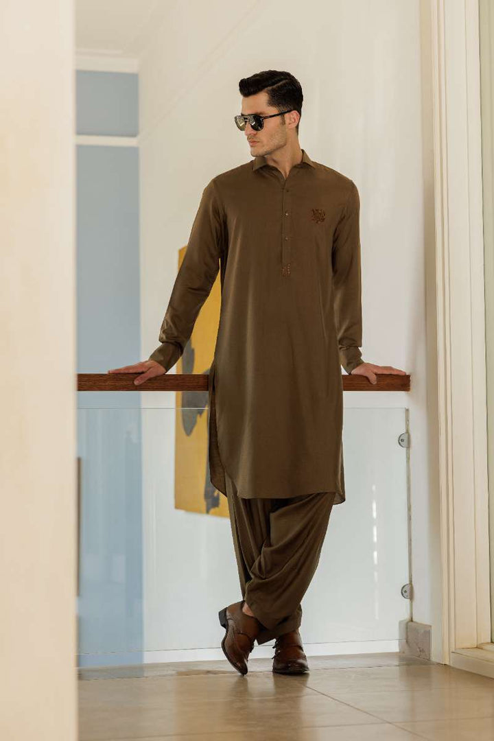 Deepak Perwani - Boski Linen Kurta Shalwar For Men - Brown - 2 Piece - Studio by TCS