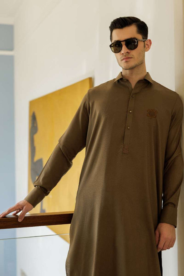 Deepak Perwani - Boski Linen Kurta Shalwar For Men - Brown - 2 Piece - Studio by TCS