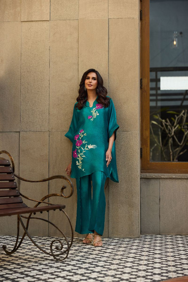 Deepak Perwani - Verdant Sheesha Silk Embroidered Suit For Women - Aqua - 2 Piece