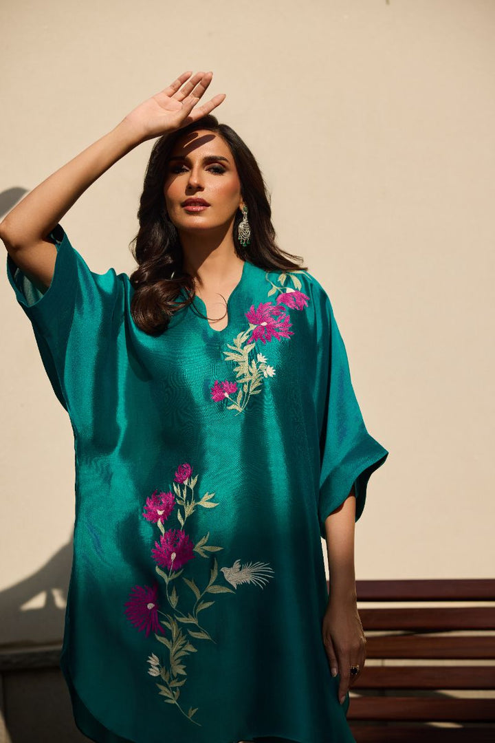 Deepak Perwani - Verdant Sheesha Silk Embroidered Suit For Women - Aqua - 2 Piece