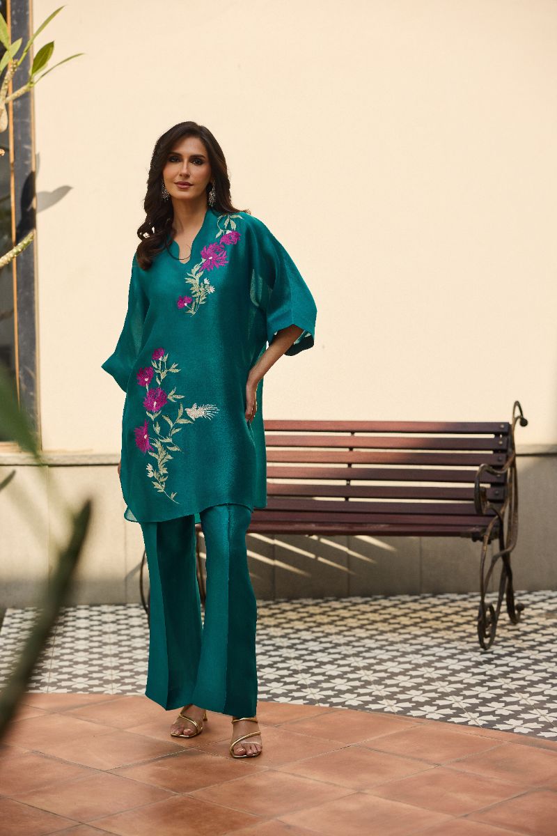 Deepak Perwani - Verdant Sheesha Silk Embroidered Suit For Women - Aqua - 2 Piece