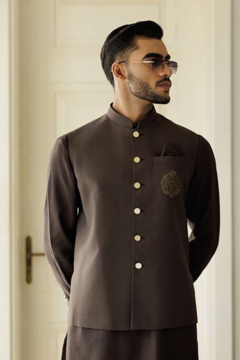Deepak Perwani - Boski Linen Kurta Shalwar For Men - Dark Brown - 2 Piece - Studio by TCS