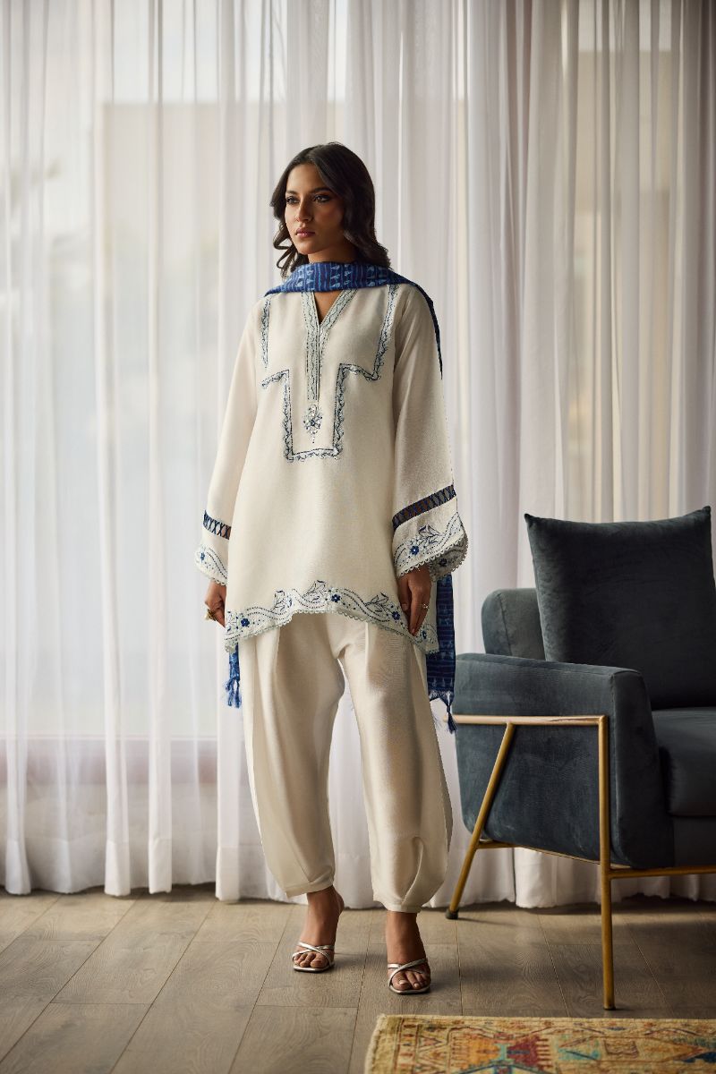 Deepak Perwani - Serene Silk Embroidered Suit For Women - White - 2 Piece
