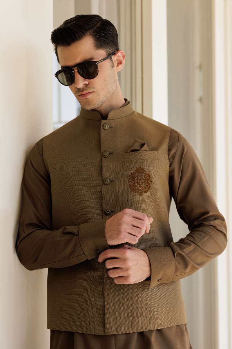 Deepak Perwani - Boski Linen Kurta Shalwar For Men - Brown - 2 Piece - Studio by TCS
