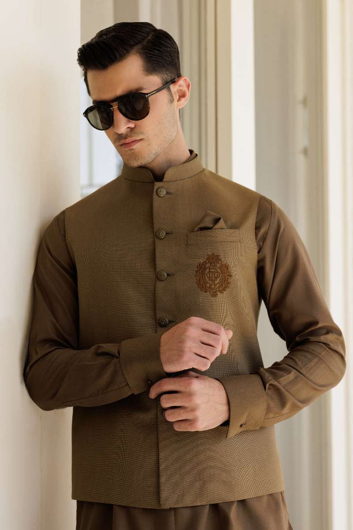 Deepak Perwani - Boski Linen Kurta Shalwar For Men - Brown - 2 Piece - Studio by TCS