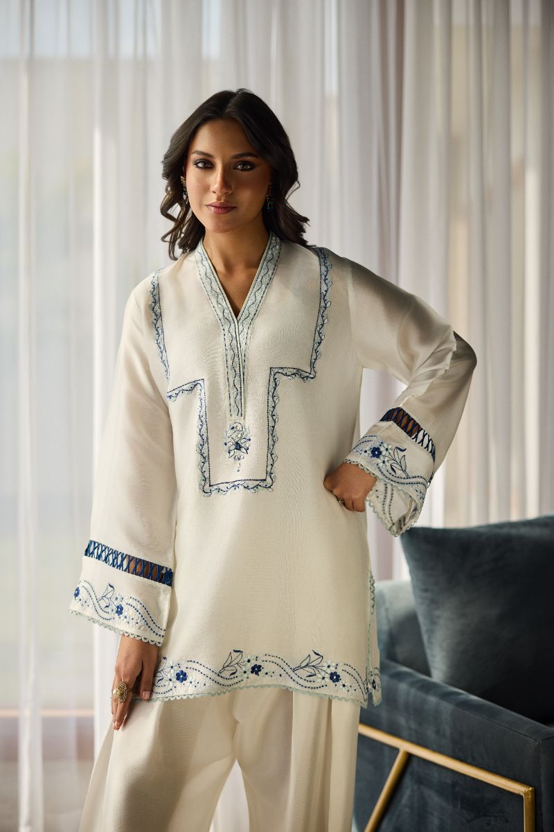 Deepak Perwani - Serene Silk Embroidered Suit For Women - White - 2 Piece