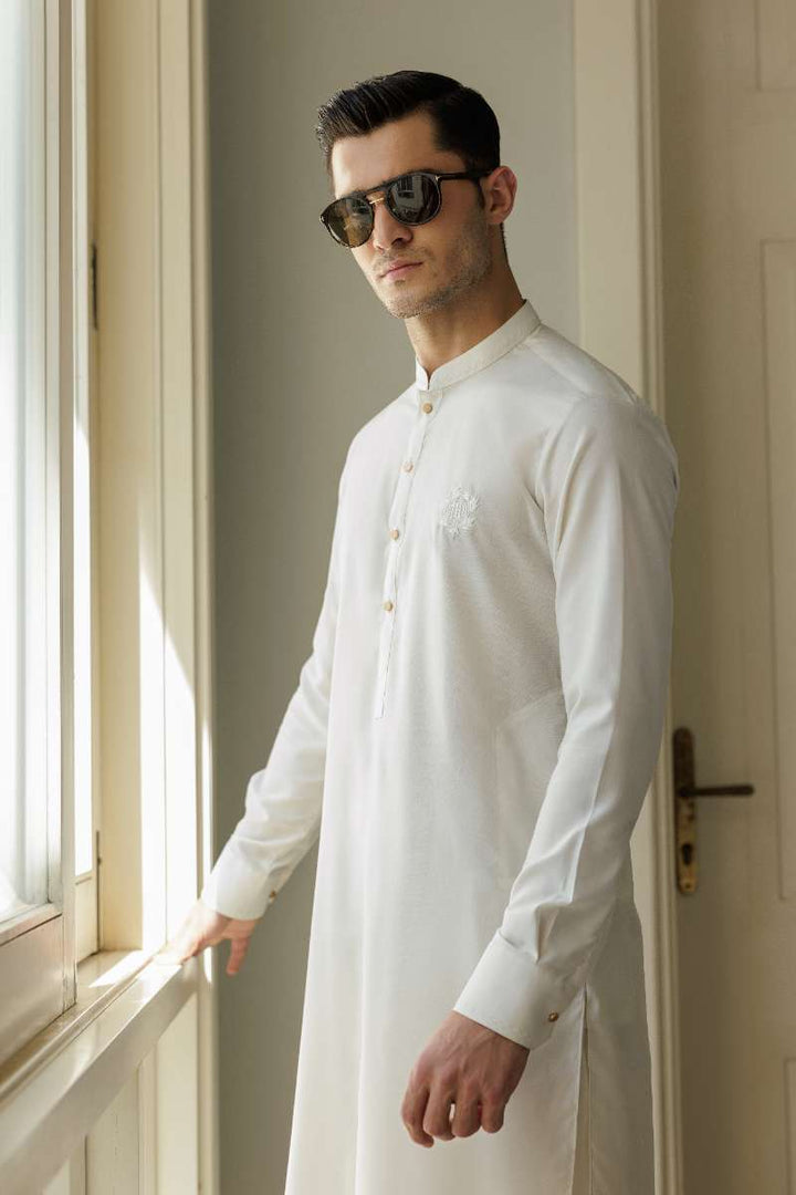 Deepak Perwani - Boski Linen Kurta Shalwar For Men - White - 2 Piece - Studio by TCS