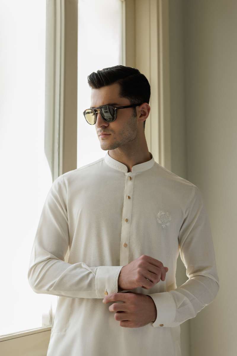 Deepak Perwani - Boski Linen Kurta Shalwar For Men - White - 2 Piece - Studio by TCS