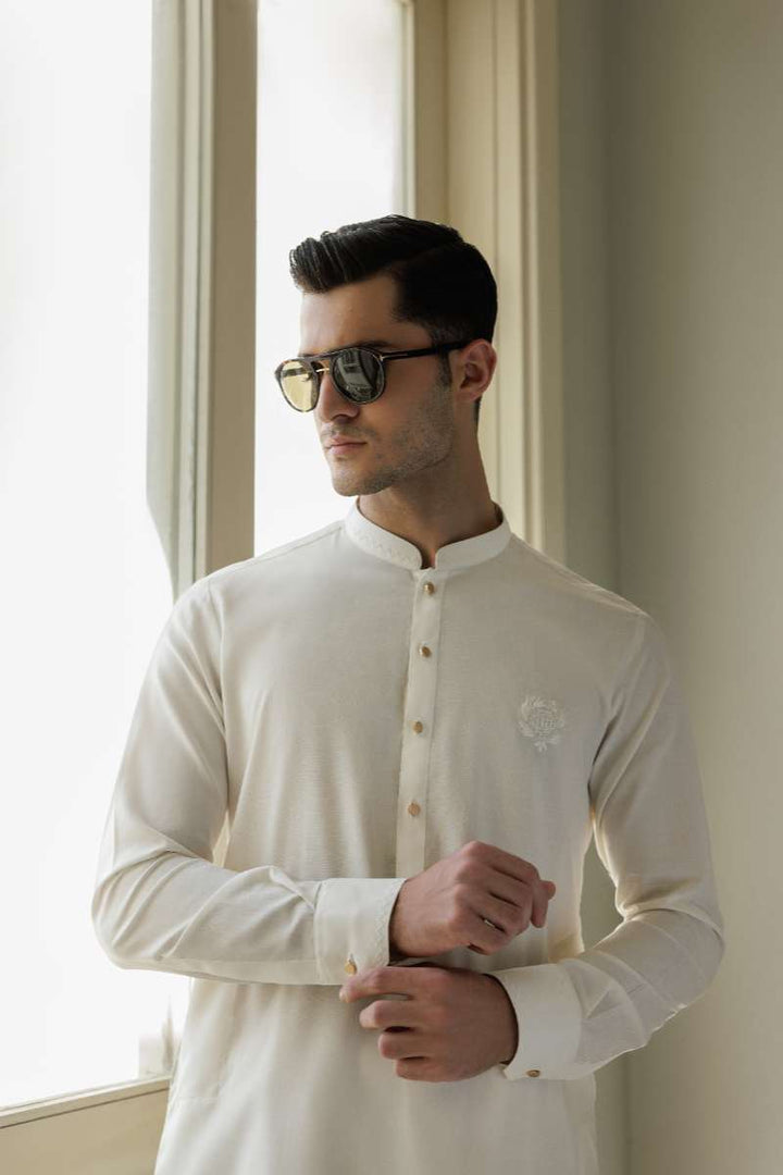 Deepak Perwani - Boski Linen Kurta Shalwar For Men - White - 2 Piece - Studio by TCS