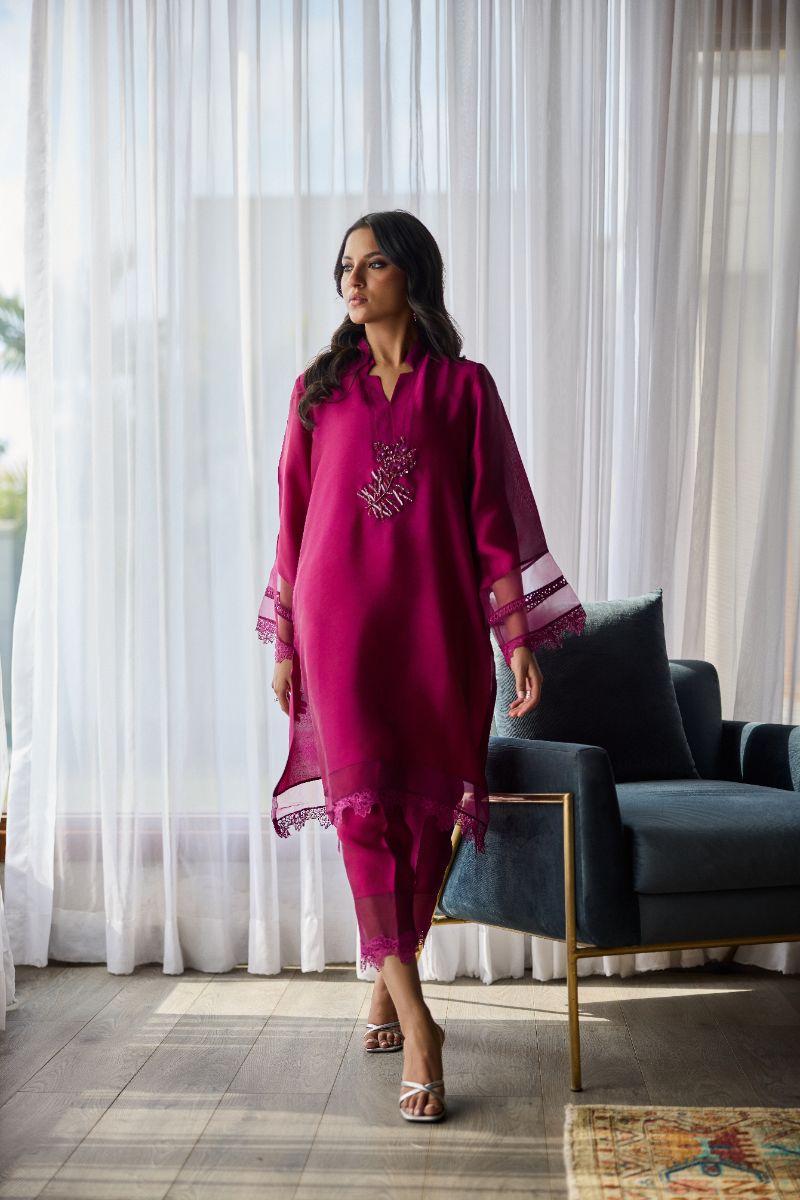 Deepak Perwani - Zaria Sheesha Silk Embroidered Suit For Women - Berry Magenta - 2 Piece
