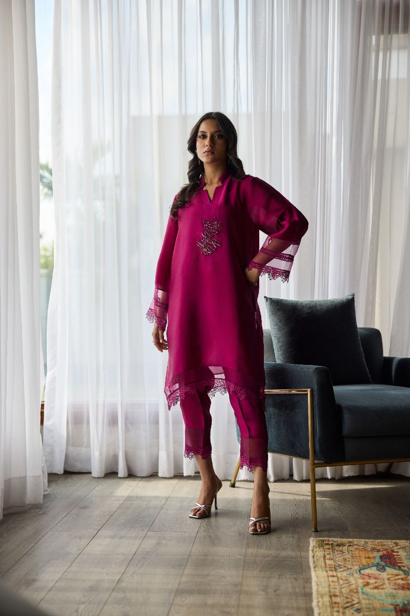 Deepak Perwani - Zaria Sheesha Silk Embroidered Suit For Women - Berry Magenta - 2 Piece