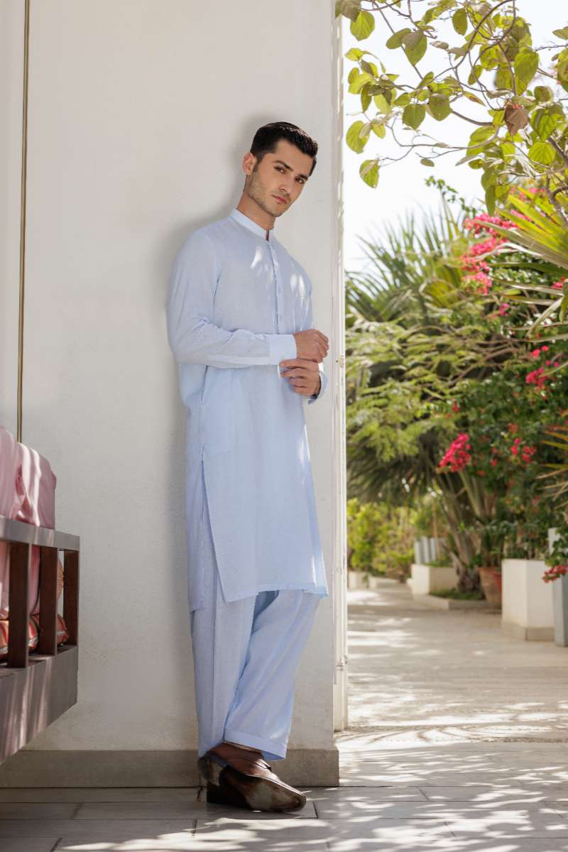 Deepak Perwani - Linen Kurta Shalwar For Men - Ice Blue - 2 Piece - Studio by TCS