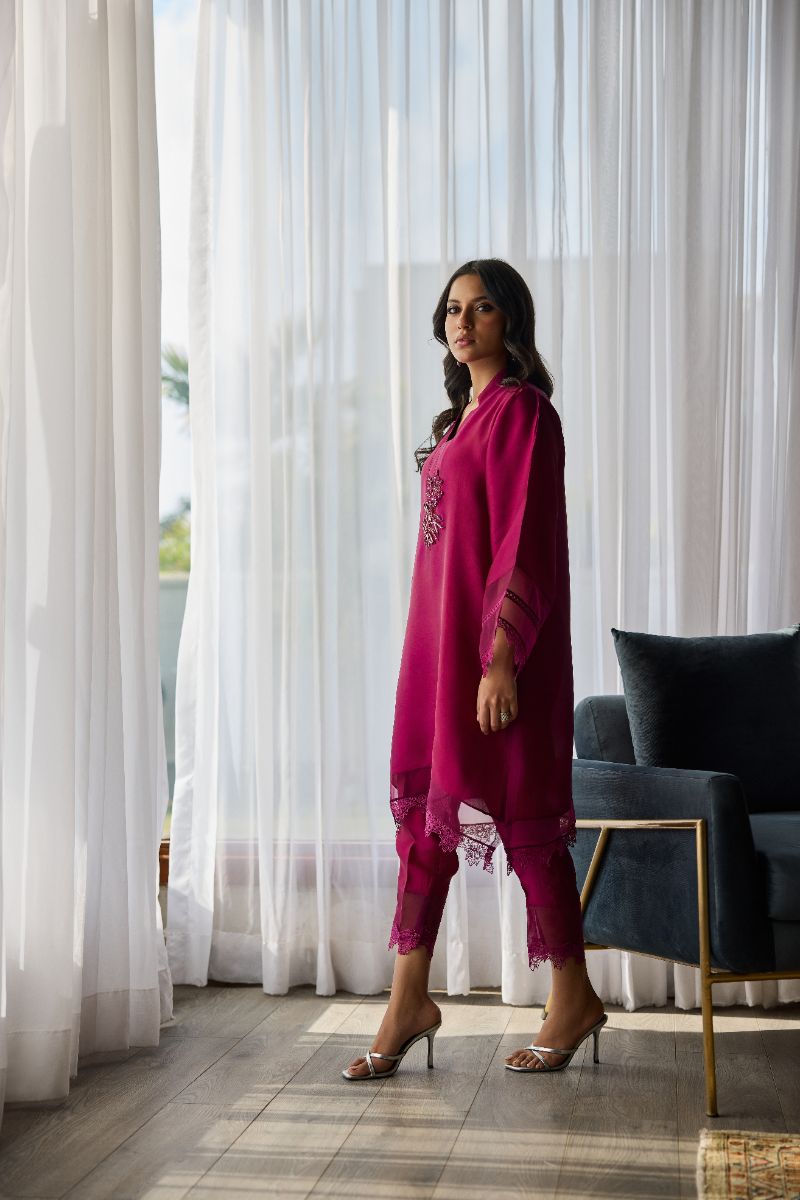Deepak Perwani - Zaria Sheesha Silk Embroidered Suit For Women - Berry Magenta - 2 Piece
