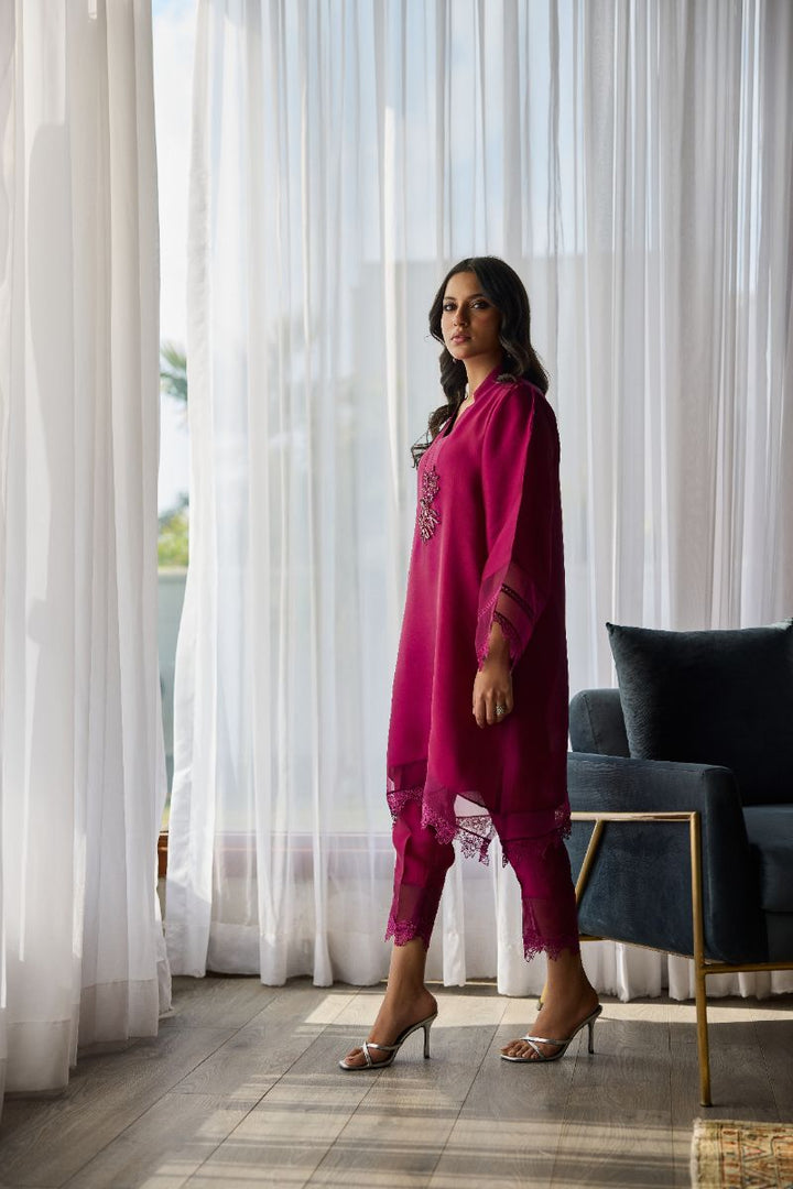 Deepak Perwani - Zaria Sheesha Silk Embroidered Suit For Women - Berry Magenta - 2 Piece
