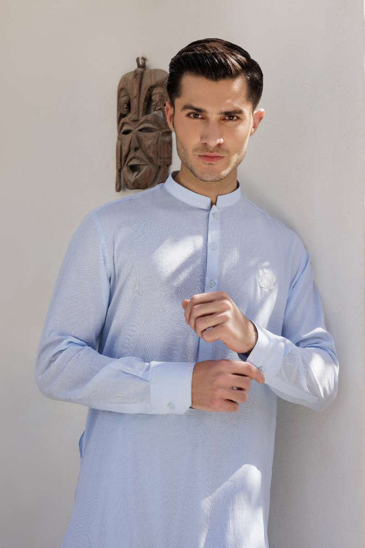 Deepak Perwani - Linen Kurta Shalwar For Men - Ice Blue - 2 Piece - Studio by TCS
