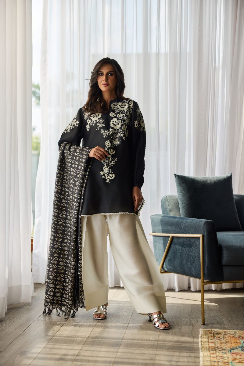 Deepak Perwani - Amani Silk Embroidered Suit For Women - Black - 2 Piece