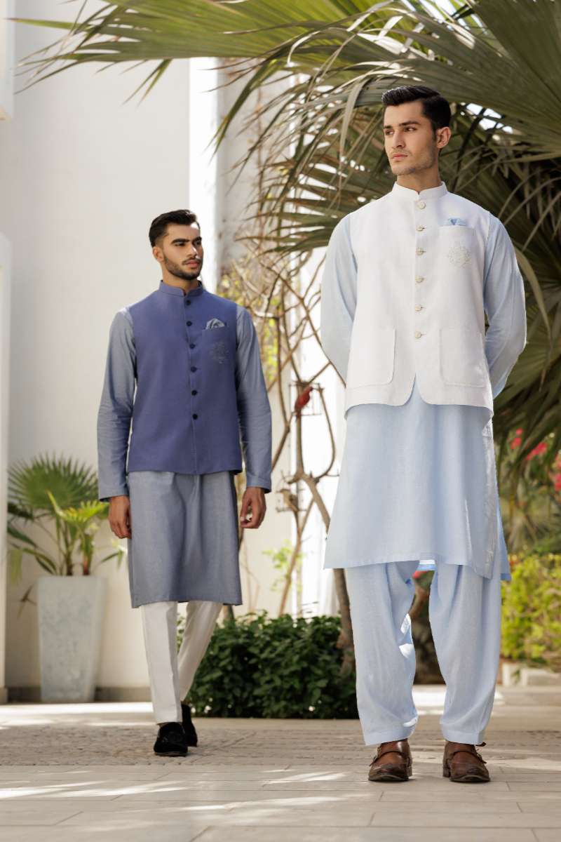 Deepak Perwani - Linen Kurta Shalwar For Men - Ice Blue - 2 Piece - Studio by TCS