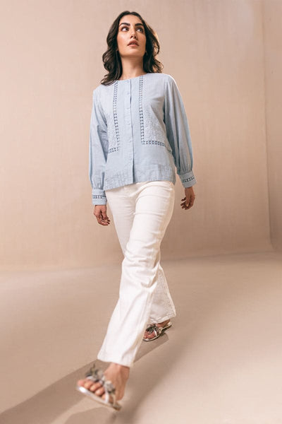Image - Blue Embroidered Button Down Top - 1 Piece - Light Blue - Cross Hatch - Studio by TCS