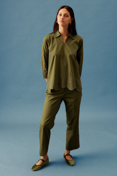 Image - Olive Green Embroidered Shirt - 2 Piece - Olive Green  - Poplin - Studio by TCS