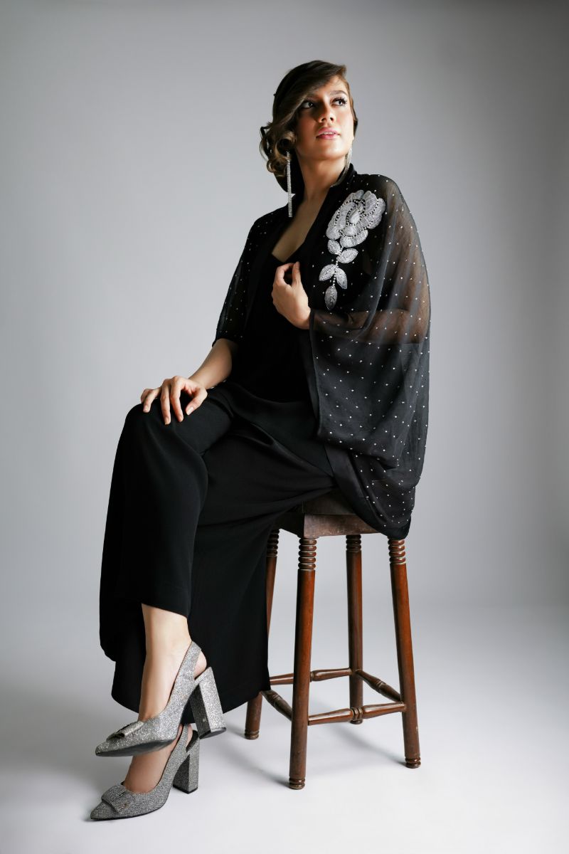 Maheen Khan - BLACK WATERFALL Jacket - BLENDED CHIFFON - 1 Piece