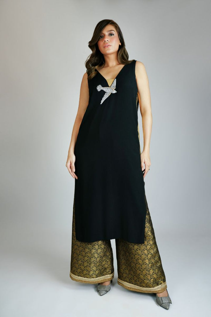 Maheen Khan - BLACK/GOLD FLARE - JAMAWAR blended Pant - 1 Piece