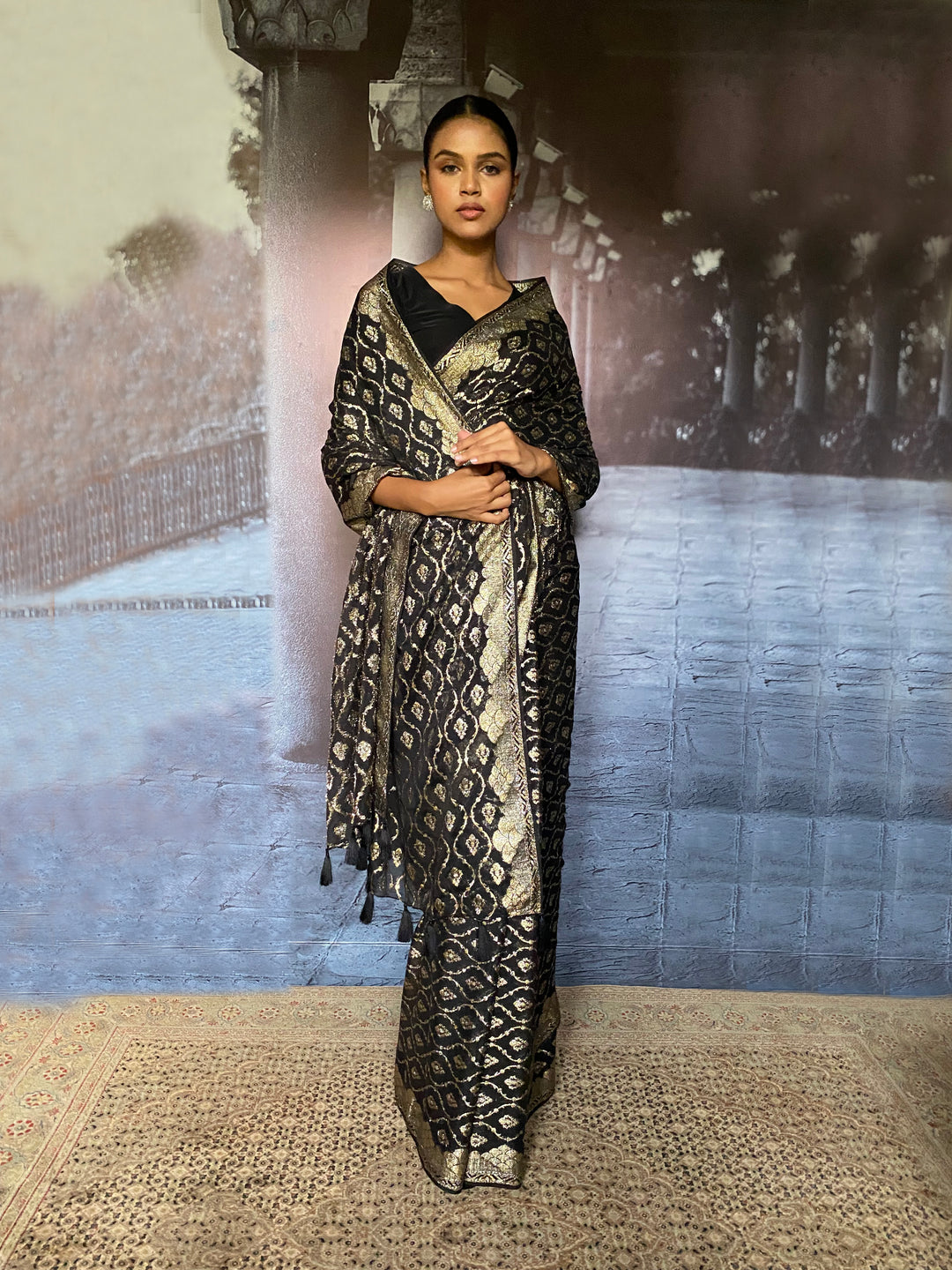Maheen Khan - Aseer Silk Chiffon Banarsi Black Silver Gold Sari For Women - 1 Piece