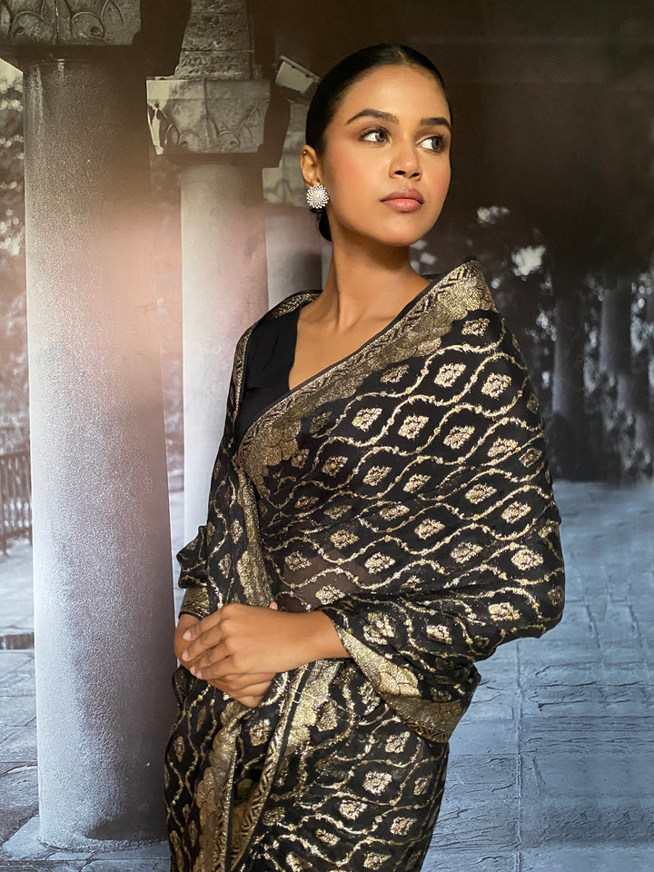 Maheen Khan - Aseer Silk Chiffon Banarsi Black Silver Gold Sari For Women - 1 Piece