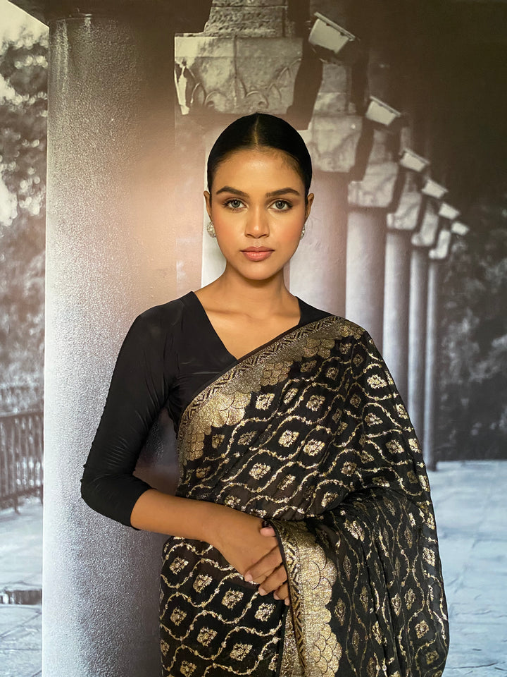 Maheen Khan - Aseer Silk Chiffon Banarsi Black Silver Gold Sari For Women - 1 Piece