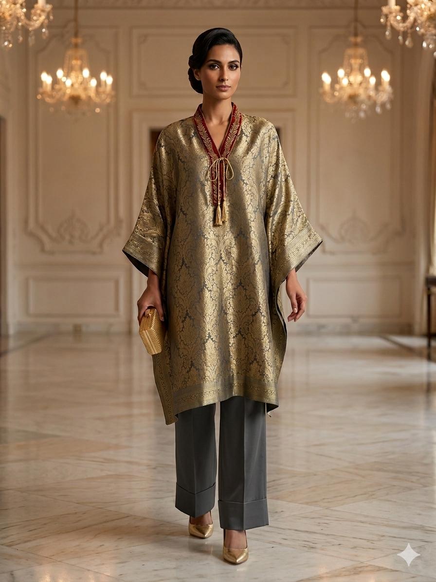 Maheen Khan - Ayra Brocade Silk Kaftan Set For Women - Charcoal Grey Gold - 2 Piece