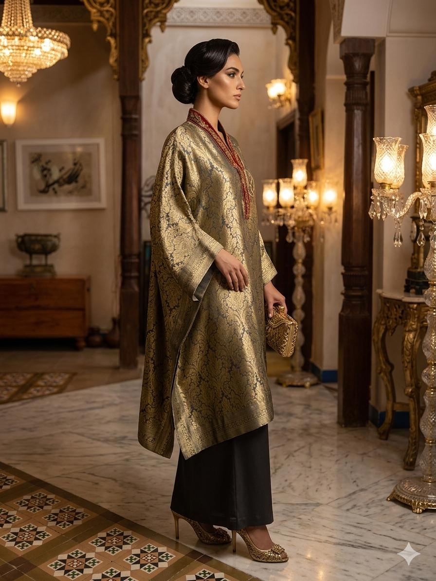 Maheen Khan - Ayra Brocade Silk Kaftan Set For Women - Charcoal Grey Gold - 2 Piece
