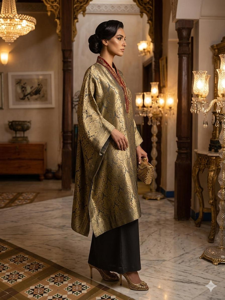 Maheen Khan - Ayra Brocade Silk Kaftan Set For Women - Charcoal Grey Gold - 2 Piece