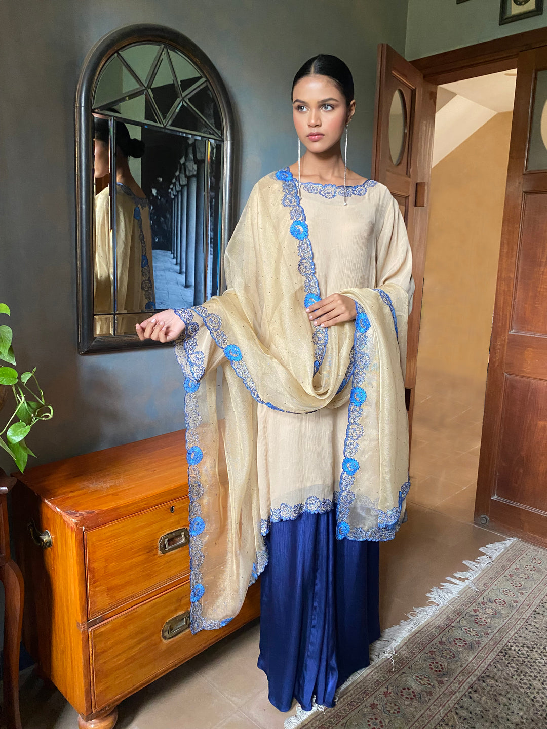 Maheen Khan - Bahira Silk Chiffon + Blended Satin Biege Navy Eastern Wear For Women - 3 Piece