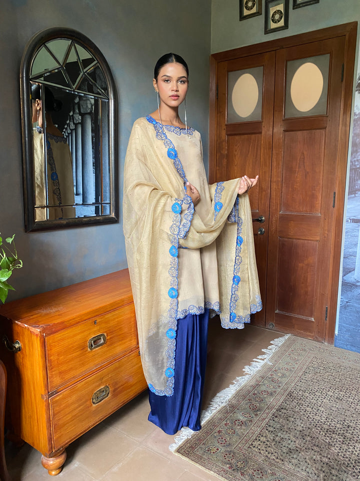Maheen Khan - Bahira Silk Chiffon + Blended Satin Biege Navy Eastern Wear For Women - 3 Piece
