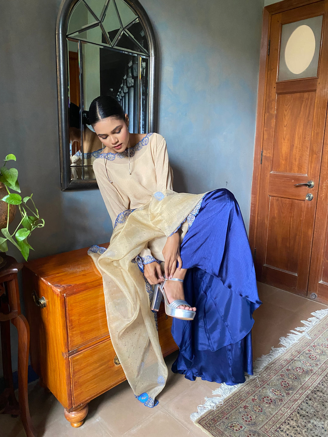 Maheen Khan - Bahira Silk Chiffon + Blended Satin Biege Navy Eastern Wear For Women - 3 Piece