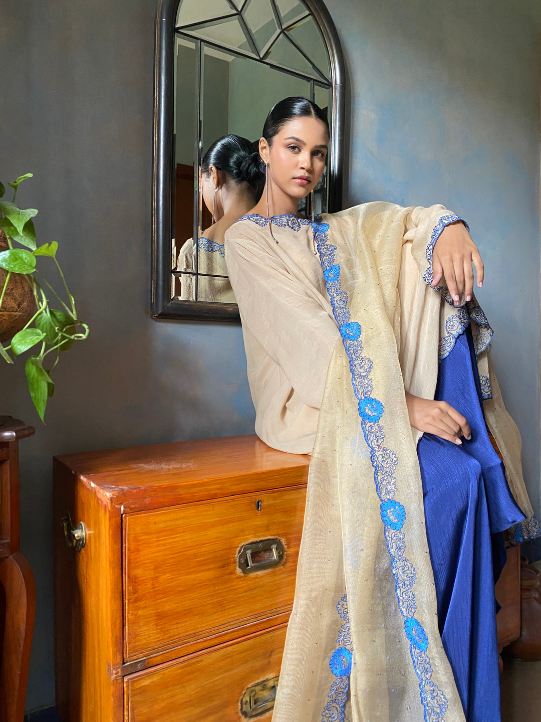 Maheen Khan - Bahira Silk Chiffon + Blended Satin Biege Navy Eastern Wear For Women - 3 Piece