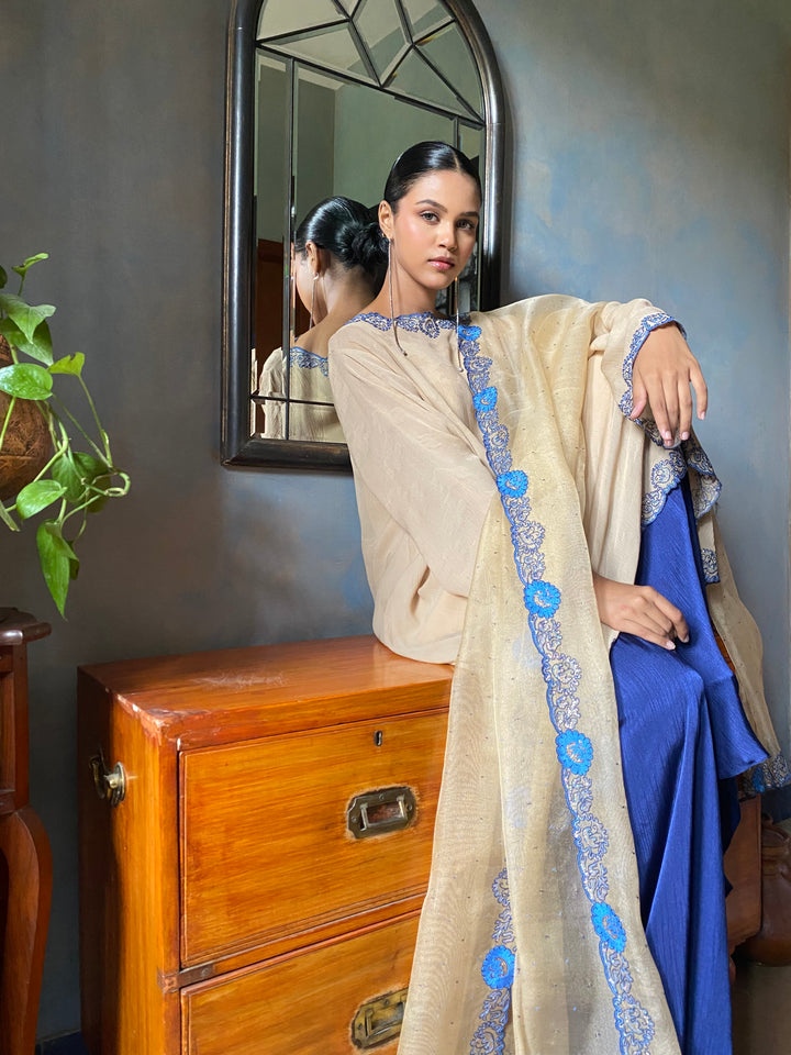 Maheen Khan - Bahira Silk Chiffon + Blended Satin Biege Navy Eastern Wear For Women - 3 Piece